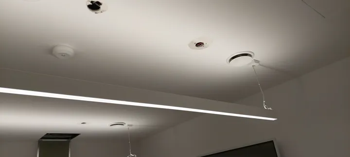 Weiße abgehängte Decke mit langer Lichtlinie und noch offenen Leuchtenanschlüssen