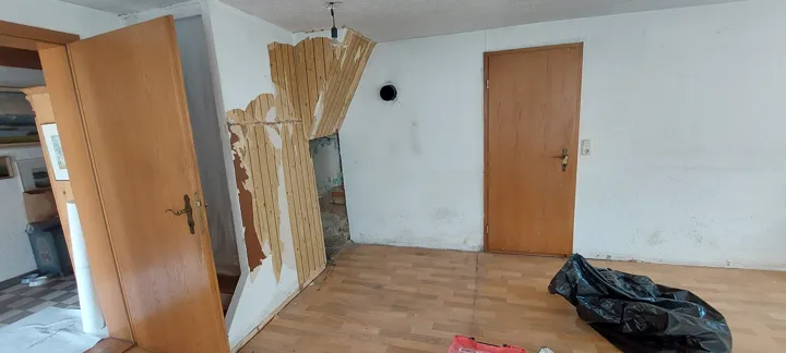 Kaminbereich vor der Renovierung mit teilweise freigelegter Holzverkleidung zwischen zwei Holztüren